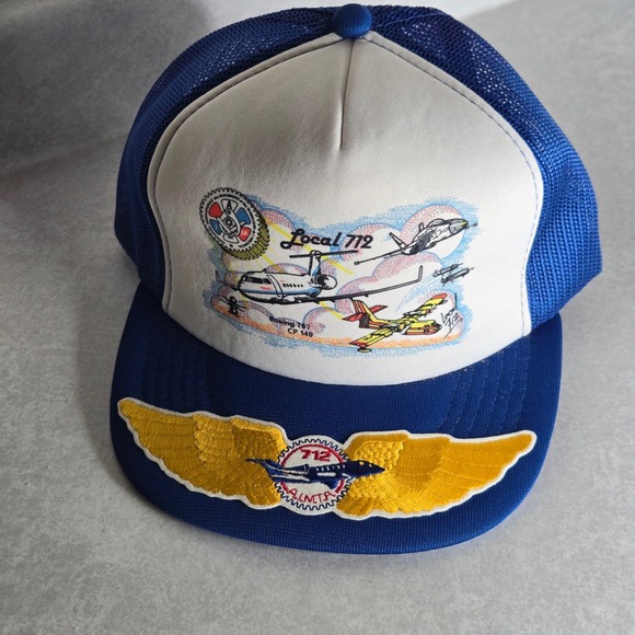 Vintage Local 712 Airplane Trucker Hat Blue White Mesh Snapback Cap - Picture 1 of 6